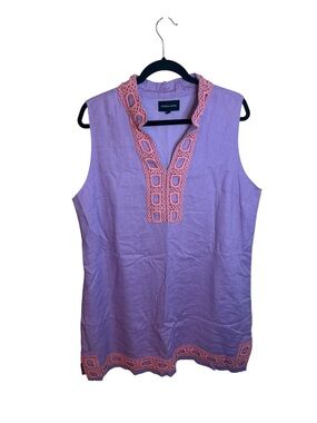 French Curve Lilac and Baby Pink Embroidered Preppy Linen Mini Shift Dress